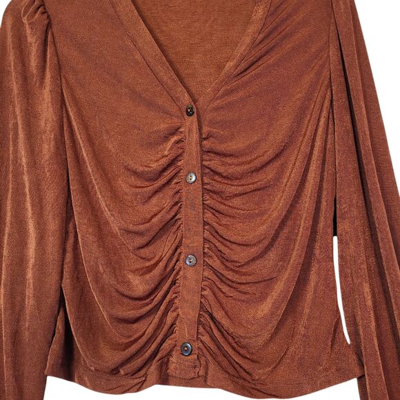 Women's  Slinky Knit Ruched Front Button Down Crop Top Brown Size Medium - Picture 5 of 12